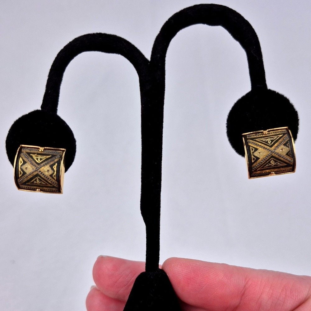 Damascene Clip On Earrings .5" Gold Black Geometric Made in Spain Vintage Style
